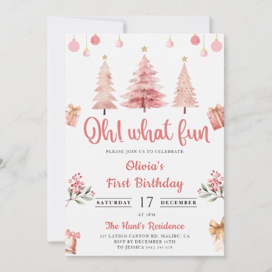 オハイオおもしろいクリスマスピンクウィンターツリー誕生日 招待状 (正面)