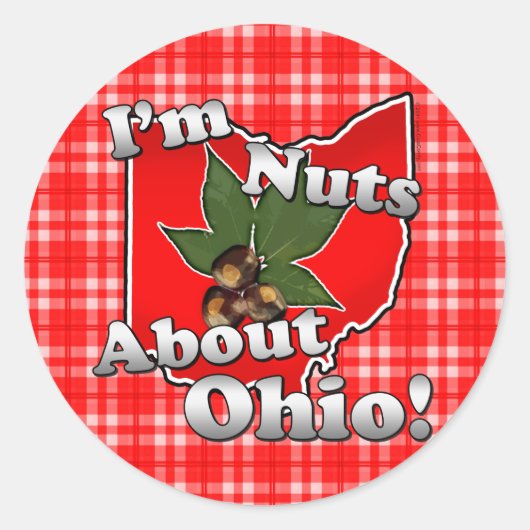 オハイオについての私のナッツおもしろい、赤いバッキーナッツ ラウンドシール (正面)