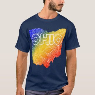 オハイオカラフル州のマンダラアートの地図と青い文字 Tシャツ