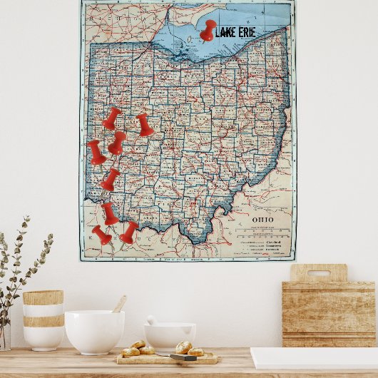 オハイオヴィンテージ地図(1921)カスタマイズ可能な地図マーカー ポスター (キッチン)