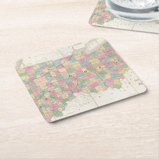 オハイオ州およびインディアナの地図 スクエアペーパーコースター (アングル)