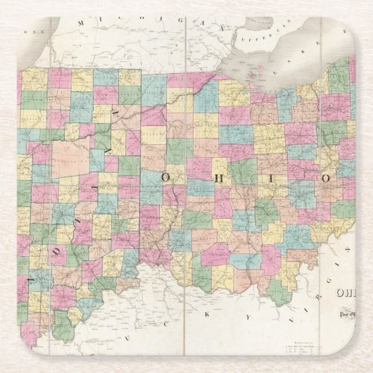 オハイオ州およびインディアナの地図 スクエアペーパーコースター (正面)