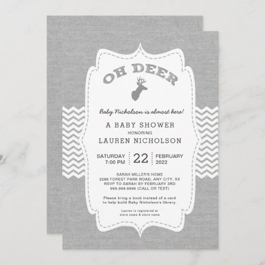 オハイオ州のシカはベビーシャワー、素朴な灰色白を強く反対します 招待状 (正面/裏面)