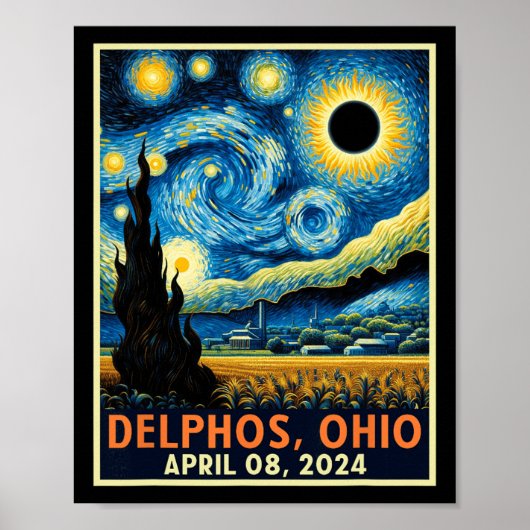 オハイオ州皆既日食2024 星空の夜 ヴァン・ゴッホ ポスター (正面)