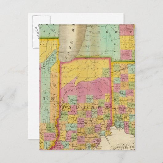 オハイオ・インディアナ・州の地図 ポストカード (正面/裏面)