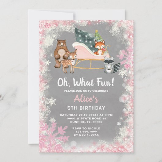 オハイピンクそりウッドランド動物誕生日 招待状 (正面)
