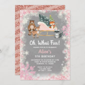 オハイピンクそりウッドランド動物誕生日 招待状 (正面/裏面)