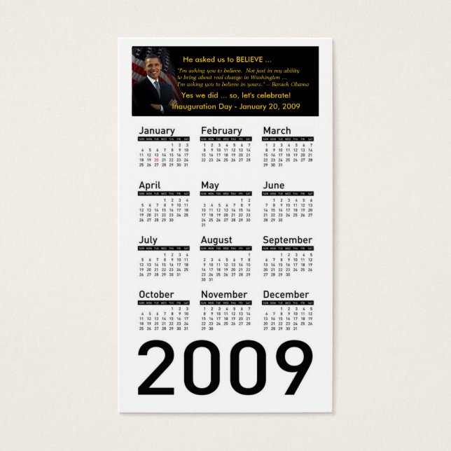 オバマ就任2009カレンダーのプロファイルカード (正面)