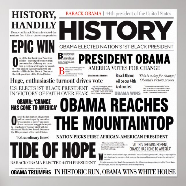 オバマ：歴史的なヘッドラインのコラージュのポスター ポスター (正面)