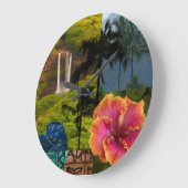 オパエカ滝カウアイハワイアンコラージュ ラージ壁時計 (傾斜)