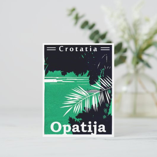 オパティア、クロアチア、アドリア海、2色のヴィンテージ ポストカード (スタンド正面)