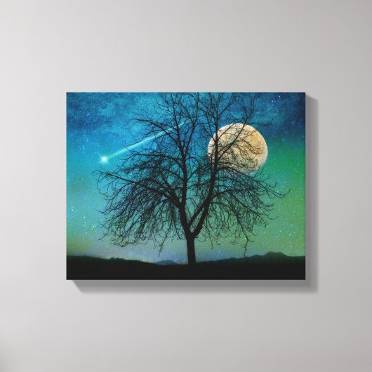 オパールの空、木、収穫月、射撃、 発砲星 キャンバスプリント (正面)