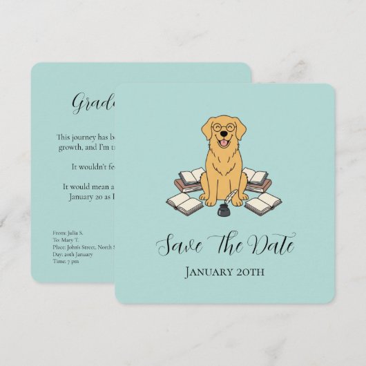オパールカラーのスイートな学生の犬の卒業Save The Date セーブザデート (正面/裏面)