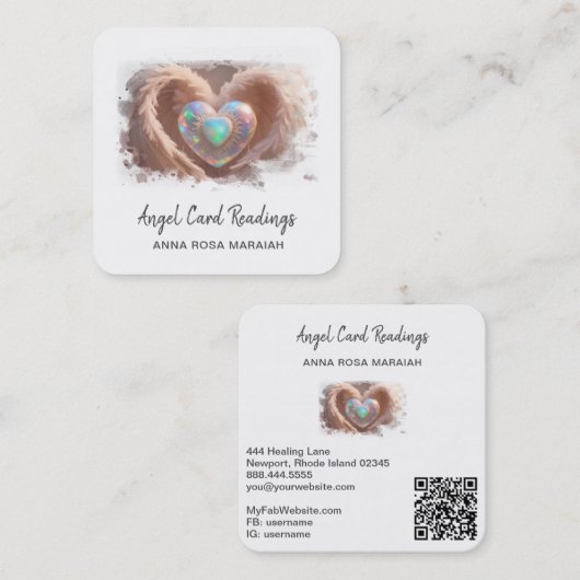 *~*オパールダブルハートQRエンジェルウィングAP78ホワイト スクエア名刺 (正面/裏面)