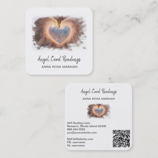 *~*オパールハートQR金ゴールドエンジェルウィングAP78ホワイト スクエア名刺 (正面/裏面)