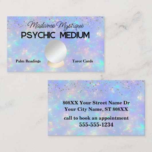 オパール石の上のサイキッククリスタルボールとグリッター 名刺 (正面/裏面)