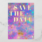 オパール石ミニマルモダンリストウェディング日付を保存 箔招待状 (正面)