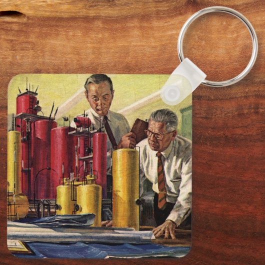 オフィスで作業する設計者、ヴィンテージビジネス キーホルダー (裏面)