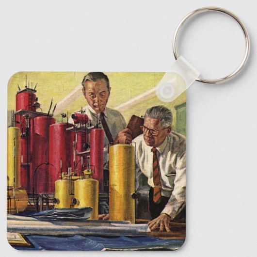 オフィスで作業する設計者、ヴィンテージビジネス キーホルダー (裏面)