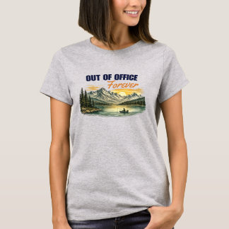 オフィスを脱出して永遠に 山と釣りのデザイン Tシャツ