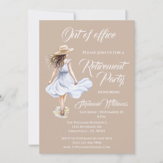 オフィスを離れる 女性の退職パーティー 水彩画 招待状 (正面)