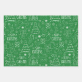 オフィスグリーンの白いクリスマスアウトライン ラッピングペーパーシート (正面2)