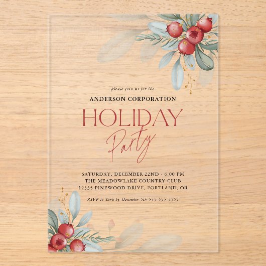 オフィスホリデーパーティーエレガントウィンターグリーナリー アクリル招待状 (正面)