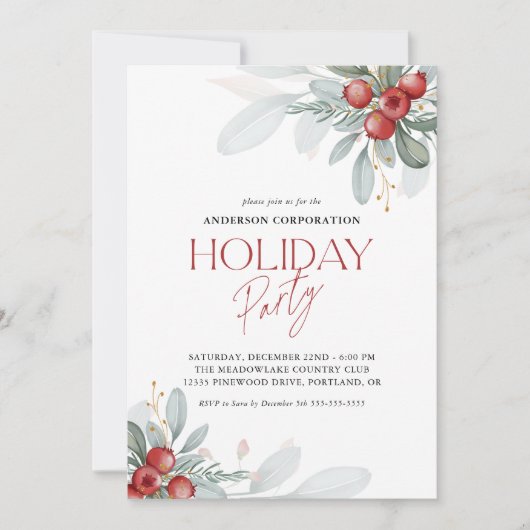 オフィスホリデーパーティーエレガントウィンターグリーナリー 招待状 (正面)