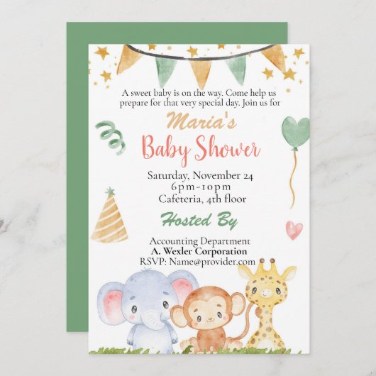 オフィス赤ちゃんシャワージャングルサファリジェンダーニューター 招待状 (正面/裏面)