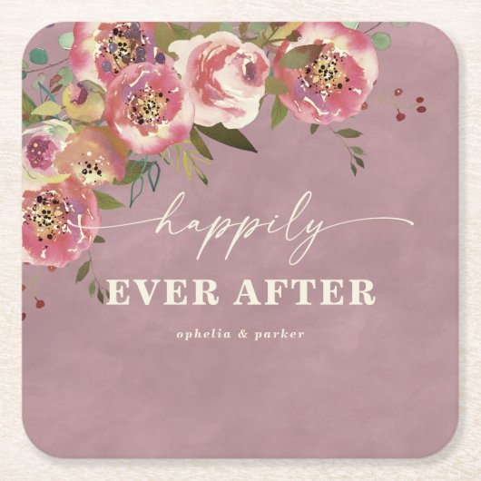 オフェリアコテージコーレダスティピンク結婚フローラ スクエアペーパーコースター (正面)