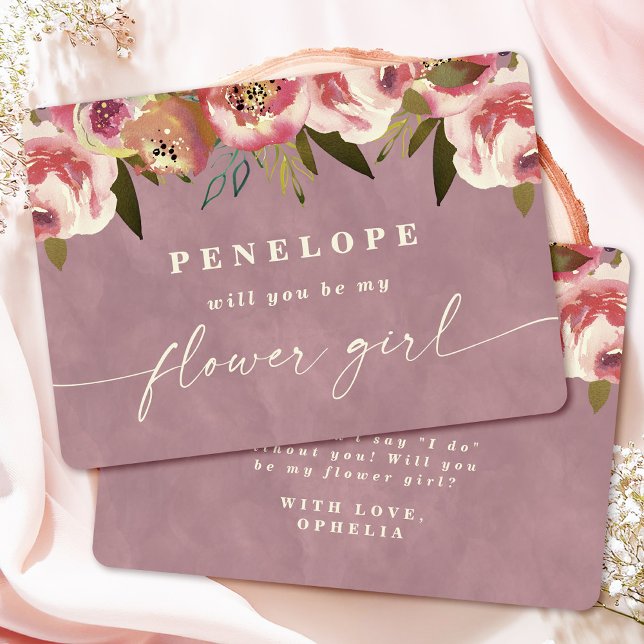 オフェリアシックなピンクフローラフラワーガールプロポーズカード (Say "I DO" to Romantic Watercolor Florals and a Cottagecore Vibe with the Ophelia Wedding Suite.)