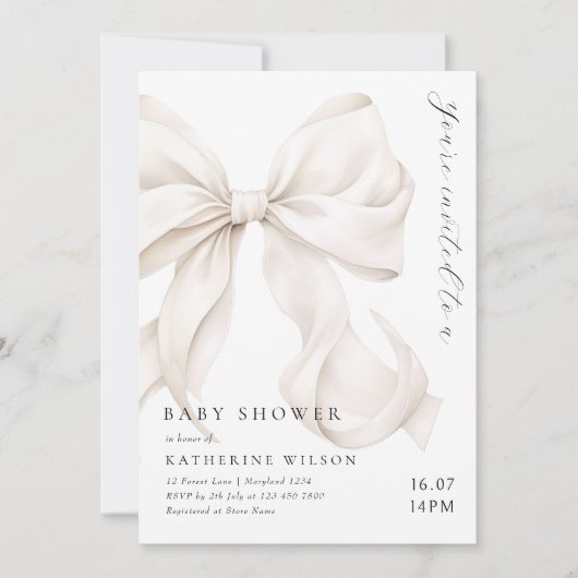 オフエレガントホワイトボウ赤ちゃんシャワー 招待状 (正面)