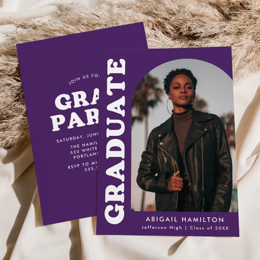 オフセットアーチパープル写真卒業パーティー 招待状