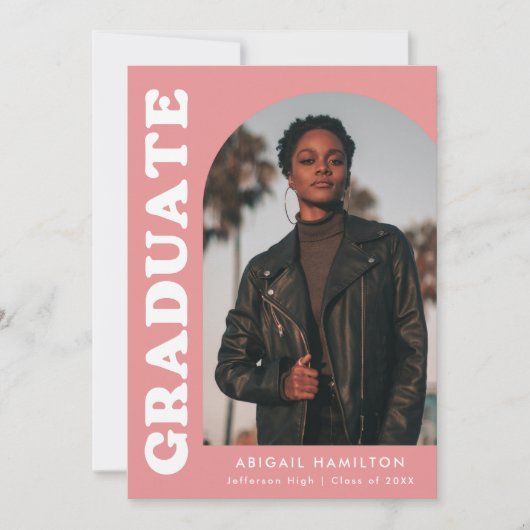 オフセットアーチピンク4フォト卒業 案内状 (正面)