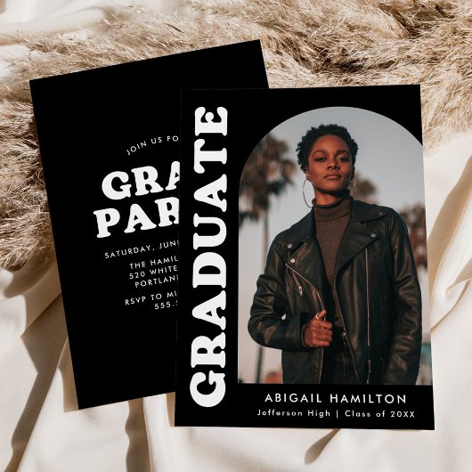 オフセットアーチブラックフォト卒業パーティー 招待状