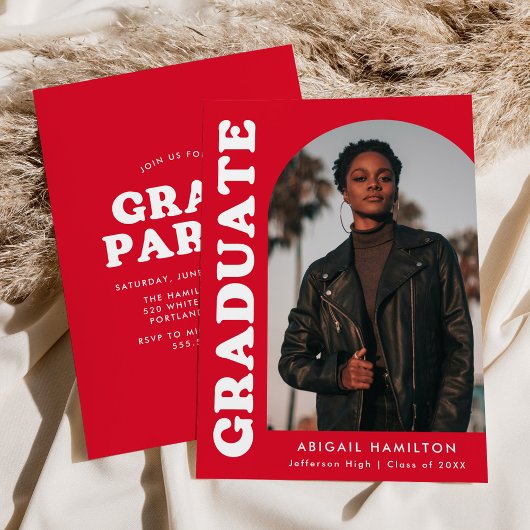 オフセットアーチレッドフォト卒業パーティー 招待状