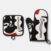 オフセットチャンバー：抽象芸術ブラック、ホワイト、レッド 鍋つかみ&鍋敷きセット (正面)