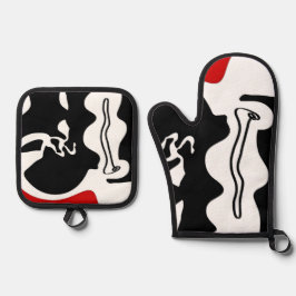 オフセットチャンバー：抽象芸術ブラック、ホワイト、レッド 鍋つかみ&鍋敷きセット