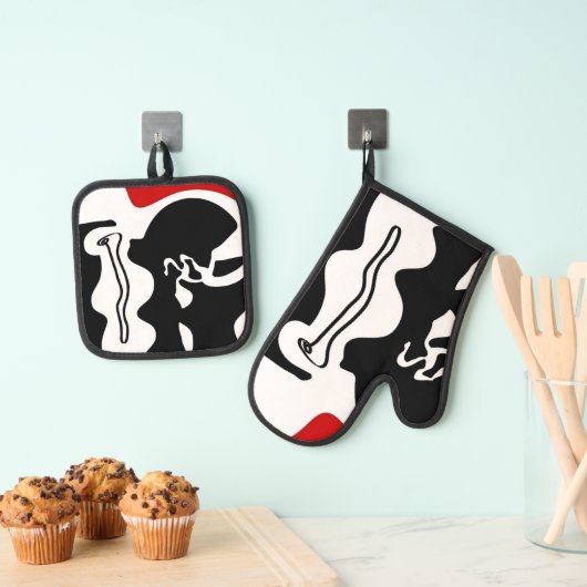 オフセットチャンバー：抽象芸術ブラック、ホワイト、レッド 鍋つかみ&鍋敷きセット (インサイチュ (吊り下げ))