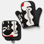 オフセットチャンバー：抽象芸術ブラック、ホワイト、レッド 鍋つかみ&鍋敷きセット (正面/裏面)