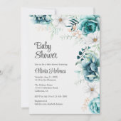 オフホワイトおよびティール(緑がかった色)フローラベビーシャワー 招待状 (正面)