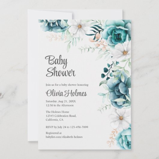 オフホワイトおよびティール（緑がかった色）フローラベビーシャワー 招待状 (正面)