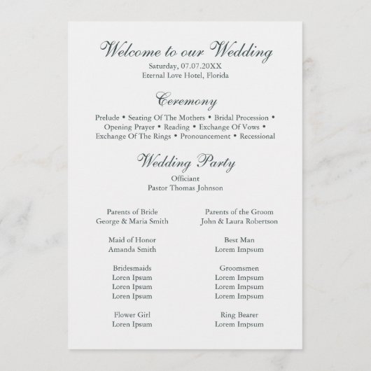 オフホワイトおよびティール(緑がかった色)フローラ結婚式 プログラム (裏面)