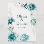 オフホワイトおよびティール(緑がかった色)フローラ結婚式 プログラム (正面)