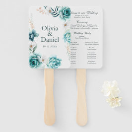 オフホワイトおよびティール（緑がかった色）フローラ結婚式 プログラム ハンドファン