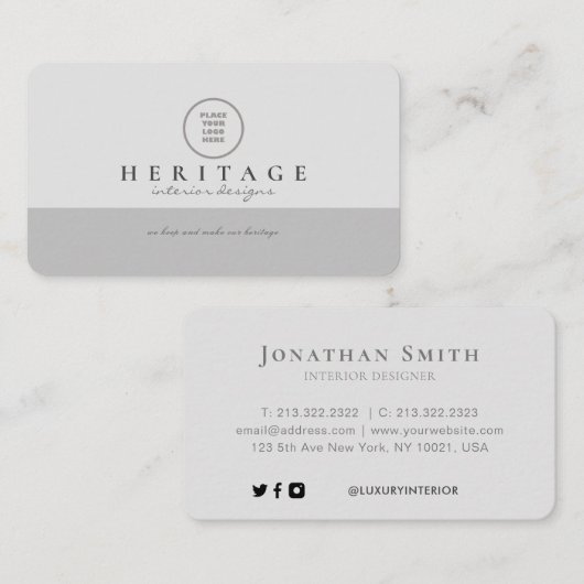 オフホワイトとグレーのプロフェッショナルソーシャルメディアのロゴ 名刺 (正面/裏面)