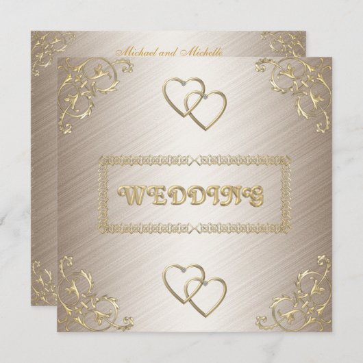 オフホワイトにゴールドのトリムが付いた結婚式の招待状 招待状 (正面/裏面)