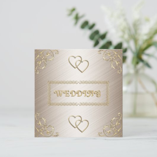 オフホワイトにゴールドのトリムが付いた結婚式の招待状 招待状 (スタンド正面)