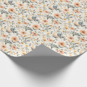 オフホワイトのイラスト入り鳥と花 ラッピングペーパー (角)
