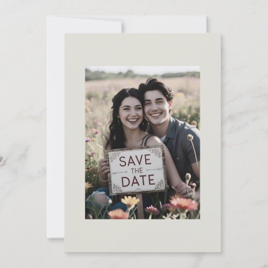 オフホワイトのカジュアルな写真 ウェディング セーブ・ザ・デート (裏面)